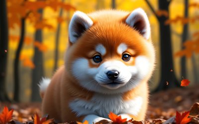 cachorro akita inu, 4k, otoño, bokeh, bosque, perros, animales lindos, cachorros, mascotas, cachorro en el bosque, akita inu