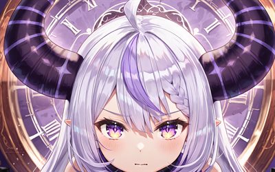 4k, laplus, vieille horloge, art abstrait, youtubeur virtuel, portrait, hololive, vtuber, yeux violets, la ténèbres, mangas, chaîne laplus, youtubeur virtuel laplus