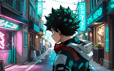 4k, izuku midoriya, rua, olhos verdes, noite, academia do meu herói, luzes de néon, deku, obra de arte, boku no hero academia, midoriya izuku, mangá, izuku midoriya my hero academia