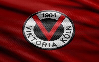 logo in tessuto fc viktoria köln, 4k, sfondo in tessuto rosso, 3liga, bokeh, calcio, logo dell'fc viktoria colonia, stemma dell'fc viktoria colonia, fc viktoria colonia, squadra di calcio tedesca, viktoria colonia fc