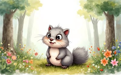4k, xerus, abstract nature, watercolor art, cute animals, paint art, creative, xeruses, cartoon animals, cute xerus, artwork, cartoon xerus