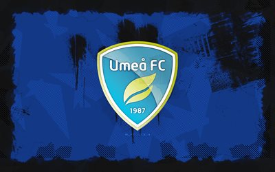 logotipo grunge del umeå fc, 4k, superettan, fondo azul grunge, fútbol, emblema del umeå fc, fútbol americano, logotipo del umeå fc, umeå fc, club de fútbol sueco, fc umeå
