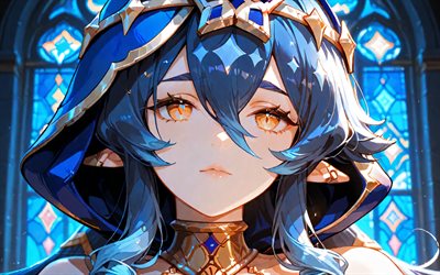 layla, 4k, vidrieras, impacto de genshin, noche, retrato, personajes de anime, obra de arte, personajes de impacto de genshin, impacto de layla genshin