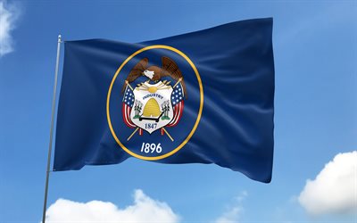 Utah flag on flagpole, 4K, american states, blue sky, flag of Utah, wavy satin flags, Utah flag, US States, flagpole with flags, United States, Day of Utah, USA, Utah