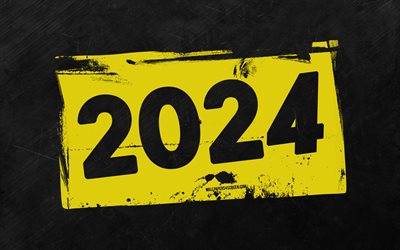 4k, 2024 새해 복 많이 받으세요, 노란색 그런지 숫자, 회색 돌 배경, 2024 개념, 2024 초록 숫자, 새해 복 많이 받으세요 2024, 그런지 예술, 2024 노란색 배경, 2024 년