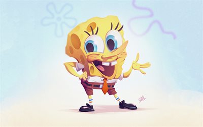 spongebob, 4k, कार्टून चरित्र, रचनात्मक, 3 डी कला, स्पंजबॉब स्क्वेयरपैंट, कॉमेडी