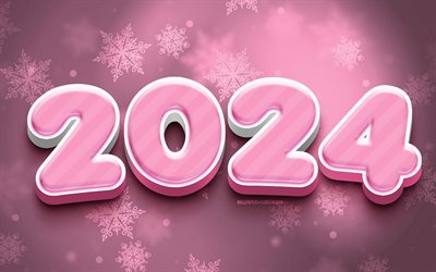 2024 Happy New Year, 4k, creative, pink 3D digits, 2024 concepts, pink snowflakes background, 2024 3D digits, Happy New Year 2024, 2024 pink background, 2024 year, 2024 winter concepts