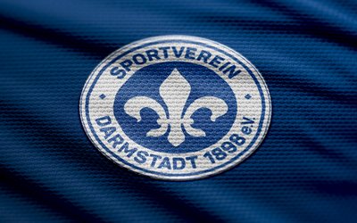 sv darmstadt 98 logotipo de tecido, 4k, fundo de tecido azul, bundesliga, bokeh, futebol, sv darmstadt 98 logotipo, sv darmstadt 98 emblem, sv darmstadt 98, clube de futebol alemão, darmstadt 98 fc