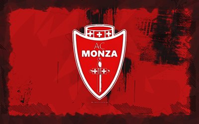 شعار monza fc grunge, 4k, دوري الدرجة الأولى, خلفية الجرونج الأحمر, كرة القدم, شعار مونزا fc, نادي كرة القدم الإيطالي, مونزا fc