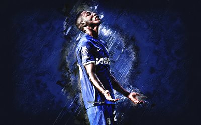 Moises Caicedo, Chelsea FC, portrait, Ecuadorian football player, midfielder, blue stone background, Premier League, England, football