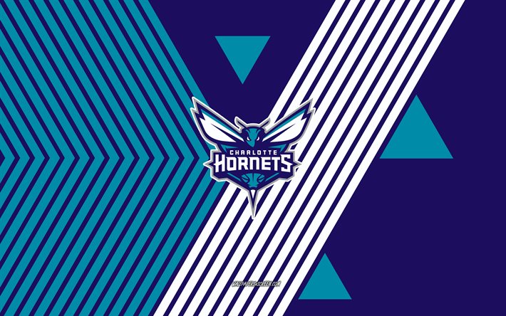 charlotte hornets  logo, 4k, amerikkalainen koripallojoukkue, violetti turkoosi linjatausta, charlotte hornets, nba, yhdysvallat, linjataide, charlotte hornets  tunnus, jalkapallo