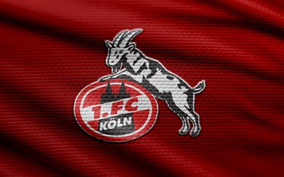 logotipo de tecido fc koln, 4k, fundo de tecido vermelho, bundesliga, bokeh, futebol, logotipo do fc koln, fc koln emblem, fc koln, clube de futebol alemão, koln fc