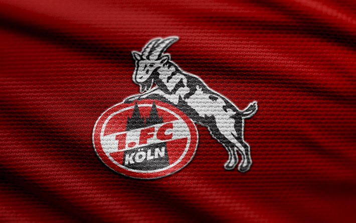 fc koln kumaş logosu, 4k, kırmızı kumaş arka plan, bundesliga, bokh, futbol, fc koln logosu, fc koln amblemi, fc koln, alman futbol kulübü, koln fc