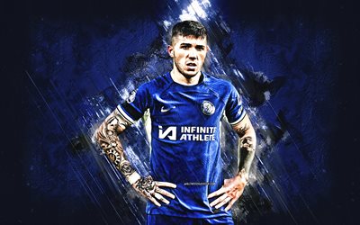 Enzo Fernandez, Chelsea FC, Argentine football player, blue stone background, Premier League, England, football