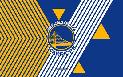 Golden State Warriors logo, 4k, American basketball team, yellow blue lines background, Golden State Warriors, NBA, USA, line art, Golden State Warriors emblem, football