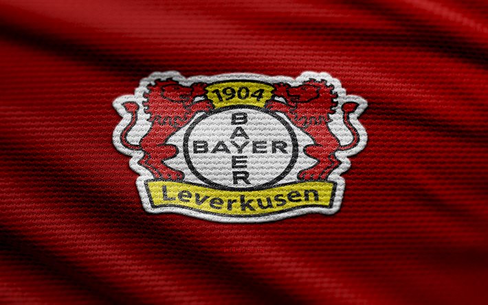 Bayer 04 Leverkusen fabric logo, 4k, red fabric background, Bundesliga, bokeh, soccer, Bayer 04 Leverkusen logo, football, Bayer 04 Leverkusen emblem, Bayer 04 Leverkusen german football club, Bayer 04 Leverkusen FC