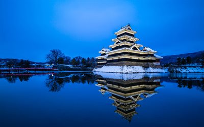 château de matsumoto, 4k, hiver, remarques japonais, paysage du soir, japon, asie, châteaux japonais