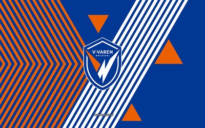 logo v varen nagasaki, 4k, squadra di calcio giapponese, sfondo blu linee bianche, v varen nagasaki, lega j2, giappone, linea artistica, emblema v varen nagasaki, calcio