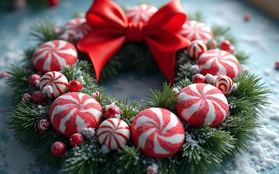 Christmas wreath, 4k, Christmas candy, Merry Christmas, Happy New Year, Christmas concepts, Christmas tree