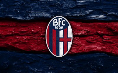 logotipo de madeira do bologna fc, 4k, fundo de madeira vermelho azul, série a, futebol, logotipo do bolonha fc, emblema do bolonha fc, bolonha fc, clube de futebol italiano, bolonha fc 1909