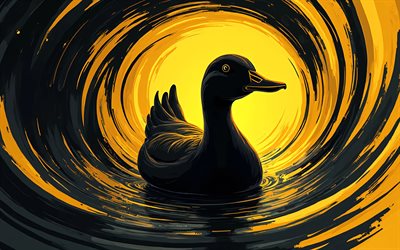 pato pintado, 4k, fundo abstrato amarelo preto, pássaros desenhados, obra de arte, arte de pato, pássaros abstratos, pato, pássaros de desenhos animados, patos
