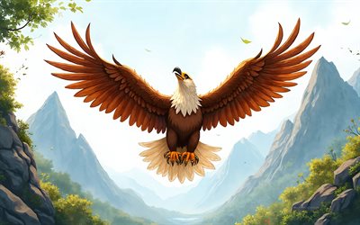 4k, águia, natureza abstrata, arte em aquarela, pássaros fofos, pintar arte, criativo, águias, pássaros de desenhos animados, águia fofa, obra de arte, águia dos desenhos animados