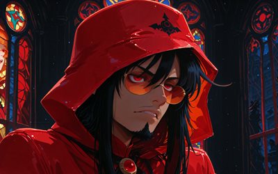 4k, alucard, obra de arte, vidrieras, infierno, noche, impermeable rojo, conde drácula, manga, dorakyura, manga hellsing, personaje de alucard, arte alucard, personajes infernales, alucard hellsing