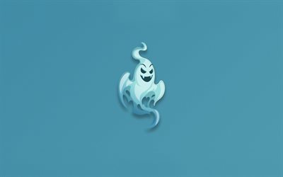ghost, blue background, minimal, fear, white ghost