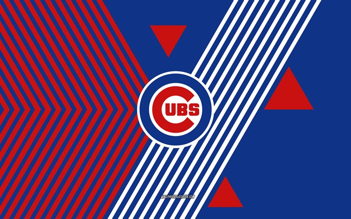 logotipo do chicago cubs, 4k, time de beisebol americano, fundo de linhas vermelhas azuis, chicago cubs, mlb, eua, arte de linha, chicago cubsemblem, beisebol