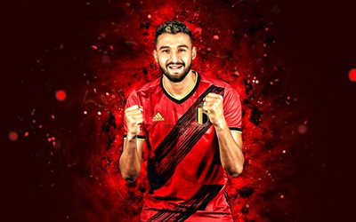 अहमद तौबा, 4k, लाल नीयन रोशनी, बेल्जियम की राष्ट्रीय टीम, फ़ुटबॉल, फुटबॉल, लाल सार पृष्ठभूमि, बेल्जियम की फुटबॉल टीम, अहमद तौबा 4k