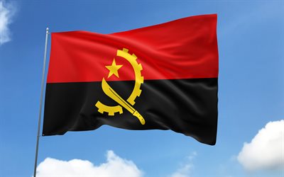 旗竿にアンゴラの旗, 4k, アフリカ諸国, 青空, アンゴラの旗, 波状のサテンの旗, アンゴラの国のシンボル, フラグ付きの旗竿, アンゴラの日, アフリカ, アンゴラ
