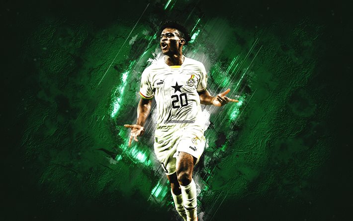 mohammed kudus, nazionale di calcio del ghana, sfondo di pietra verde, arte del grunge, qatar 2022, calcio, ghana