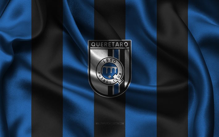 4k, logo del querétaro fc, tessuto di seta nero blu, squadra di calcio messicana, stemma del queretaro fc, liga mx, queretaro fc, messico, calcio, bandiera del queretaro fc