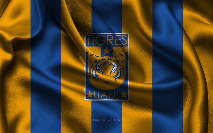 4k, logo uanl tigres, tessuto di seta giallo blu, squadra di calcio messicana, emblema uanl tigres, liga mx, uanl tigri, messico, calcio, bandiera uanl tigres