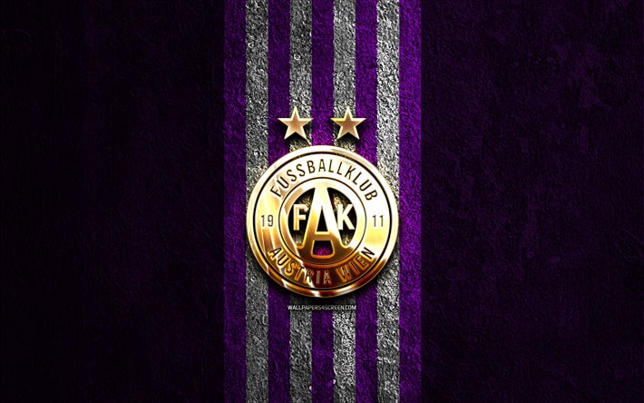 itävalta wienin kultainen logo, 4k, violetti kivi tausta, itävallan bundesliiga, itävallan jalkapalloseura, itävalta wienin logo, jalkapallo, itävallan wienin tunnus, fk austria wien, itävalta wien fc