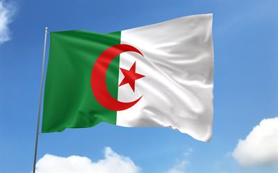 旗竿にアルジェリアの旗, 4k, アフリカ諸国, 青空, アルジェリアの旗, 波状のサテンの旗, アルジェリアの国のシンボル, フラグ付きの旗竿, アルジェリアの日, アフリカ, アルジェリア