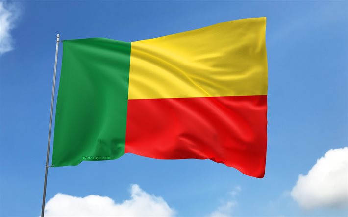 Benin flag on flagpole, 4K, African countries, blue sky, flag of Benin, wavy satin flags, Benin flag, Benin national symbols, flagpole with flags, Day of Benin, Africa, Benin