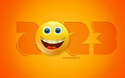 2023 Happy New Year, 4k, joy emoticon, 2023 yellow background, 3d joy smiley, 2023 concepts, Happy New Year 2023, 2023 greeting card