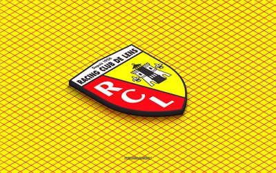 4k, rc lens isometric logo, فن ثلاثي الأبعاد, نادي كرة القدم الفرنسي, الفن متساوي القياس, عدسة rc, خلفية صفراء, الدوري الفرنسي 1, فرنسا, كرة القدم, شعار متساوي القياس, شعار rc lens, عدسة