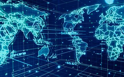 4k, mavi neon dünya haritası, dijital dünya, küresel ağlar, dünya haritası, ağlar mavi arka plan, teknoloji mavi arka plan, küresel konumlama sistemi, navigasyon, kafes