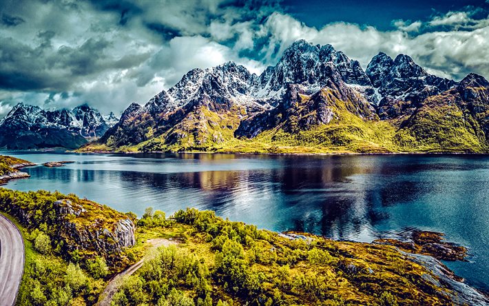 île austvagoy, montagnes, belle nature, archipel, îles lofoten, monuments norvégiens, austnesfjord, nordland, norvège, l'europe , lofoten, hdr