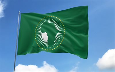 African Union flag on flagpole, 4K, African countries, blue sky, flag of African Union, wavy satin flags, African Union flag, African Union symbols, flagpole with flags, Day of African Union, Africa, African Union