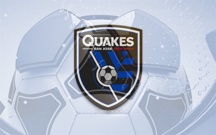 San Jose Earthquakes glossy logo, 4K, blue football background, MLS, soccer, american soccer club, San Jose Earthquakes emblem, San Jose Earthquakes FC, football, sports logo, San Jose Earthquakes logo