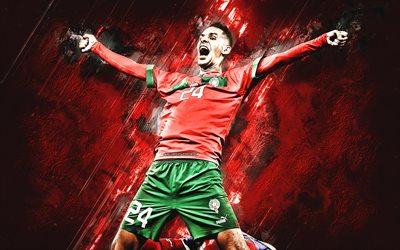 badr benoun, équipe nationale de football du maroc, qatar 2022, fond de pierre rouge, footballeur marocain, défenseur, maroc, football