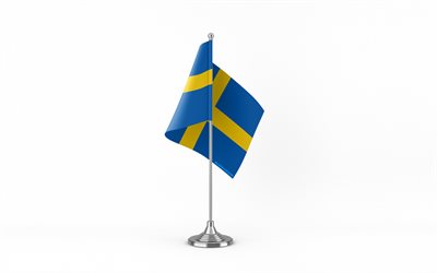 4k, bandera de mesa de suecia, fondo blanco, bandera suecia, bandera de suecia en palo de metal, bandera de suecia, símbolos nacionales, suecia, europa