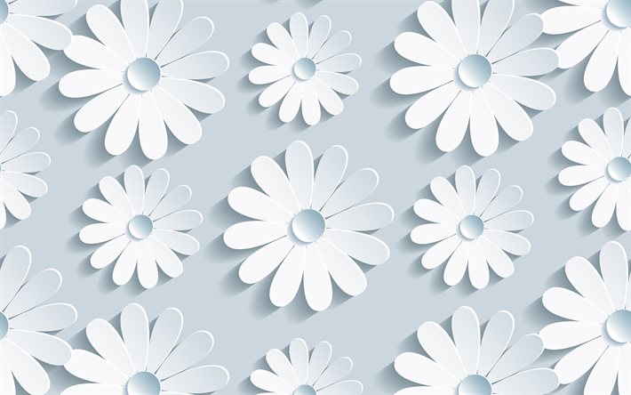 padrões 3d de camomila, 4k, fundo com camomila, padrões 3d, padrões florais, flores 3d, texturas 3d