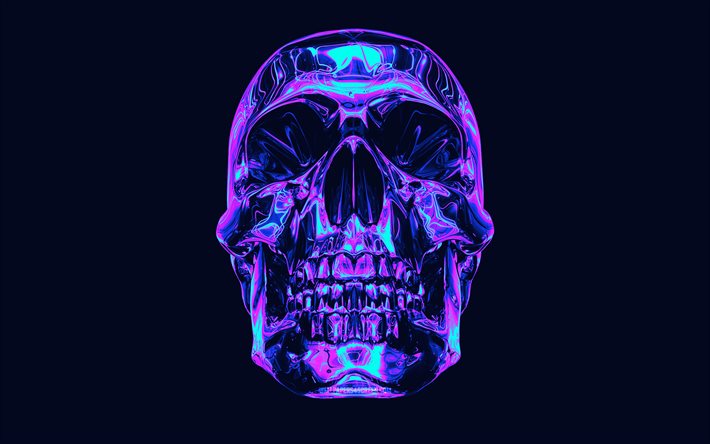 crâne abstrait, 4k, minimal, créatif, fond violet, crâne 3d, ouvrages d'art, crâne minimalisme, crânes