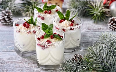 yogurt in glasses, milk desserts, Christmas desserts, yogurt, dairy products, Christmas, milkshakes, pomegranate yogurt