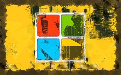 4k, マイクロソフト グランジ ロゴ, 黄色のグランジ背景, グランジアート, クリエイティブ, ブランド, マイクロソフトのロゴ, マイクロソフト