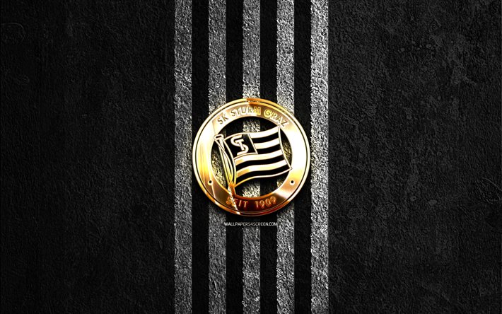 SK Sturm Graz golden logo, 4k, black stone background, Austrian Bundesliga, Austrian football club, SK Sturm Graz logo, soccer, SK Sturm Graz emblem, SK Sturm Graz, football, Sturm Graz FC